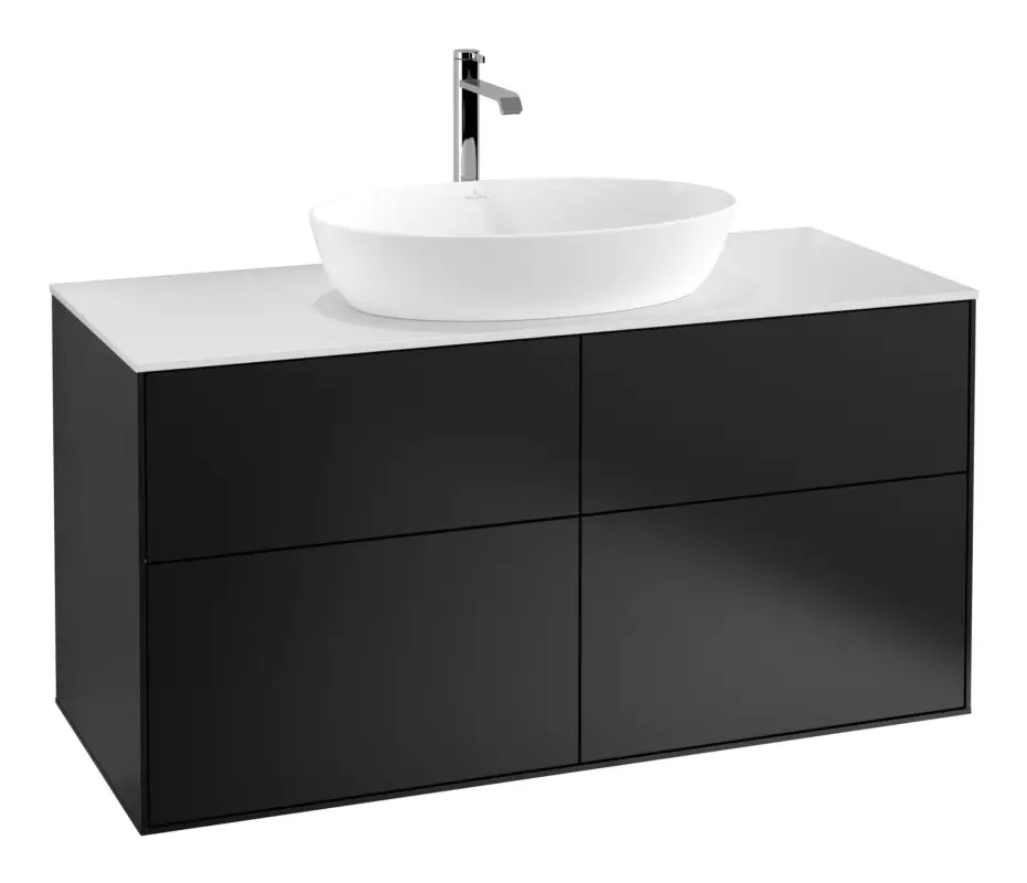 Echt Villeroy & Boch Finion Waschbeckenunterschrank für Becken mittig ohne Regal für Artis / Collaro eckig 4 Auszüge 1200 x 603 x 501 mm - Black Matt Lacquer / Glass White Matt