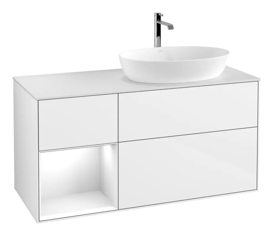 Markenware Villeroy & Boch Finion Waschbeckenunterschrank für Becken rechts Regal links für Artis / Collaro eckig 3 Auszüge mit Beleuchtung (3x LED) 1200 x 603 x 501 mm - Glossy White Lacquer / Glass White Matt