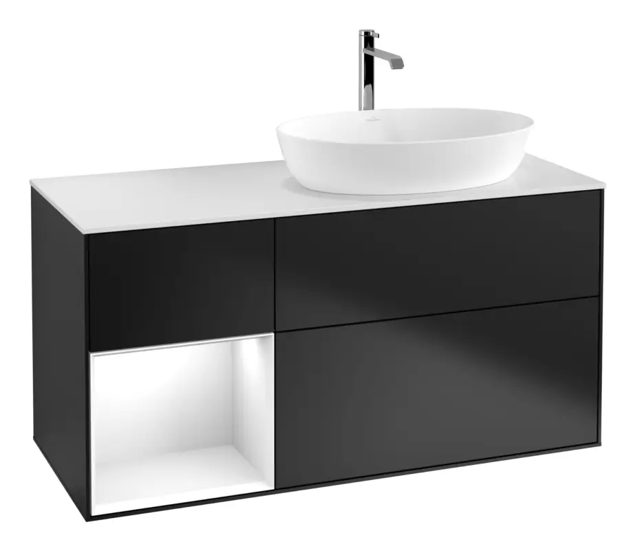 Preisreduziert Villeroy & Boch Finion Waschbeckenunterschrank für Becken rechts Regal links für Artis / Collaro eckig 3 Auszüge mit Beleuchtung (3x LED) 1200 x 603 x 501 mm - Black Matt Lacquer / Glossy White Lacquer / Glass White Matt
