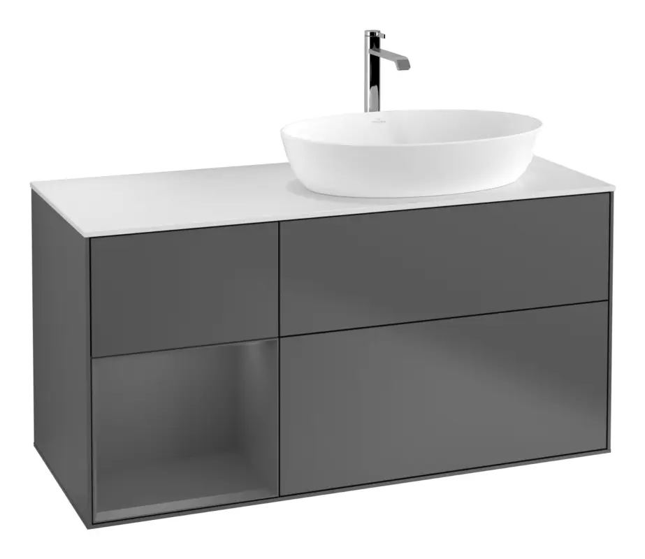 Knallerangebot Villeroy & Boch Finion Waschbeckenunterschrank für Becken rechts Regal links für Artis / Collaro eckig 3 Auszüge mit Beleuchtung (3x LED) 1200 x 603 x 501 mm - Anthracite Matt Lacquer / Glass White Matt