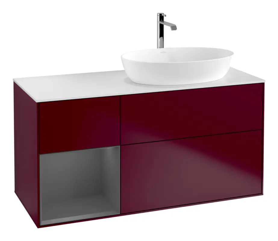 Ausverkauf Villeroy & Boch Finion Waschbeckenunterschrank für Becken rechts Regal links für Artis / Collaro eckig 3 Auszüge mit Beleuchtung (3x LED) 1200 x 603 x 501 mm - Peony Matt Lacquer / Anthracite Matt Lacquer / Glass White Matt