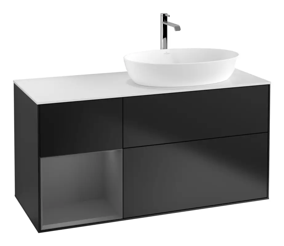 Heißes Angebot Villeroy & Boch Finion Waschbeckenunterschrank für Becken rechts Regal links für Artis / Collaro eckig 3 Auszüge mit Beleuchtung (3x LED) 1200 x 603 x 501 mm - Black Matt Lacquer / Anthracite Matt Lacquer / Glass White Matt