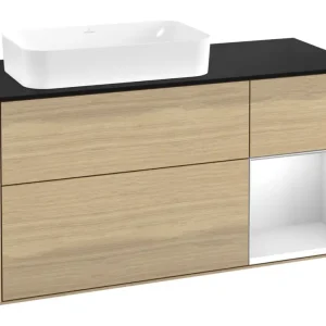 Letzte Chance Villeroy & Boch Finion Waschbeckenunterschrank für Becken links Regal rechts für Finion 3 Auszüge mit Beleuchtung (1x LED) ohne Hahnloch 1200 x 603 x 501 mm - Oak Veneer / White Matt Lacquer / Glass Black Matt