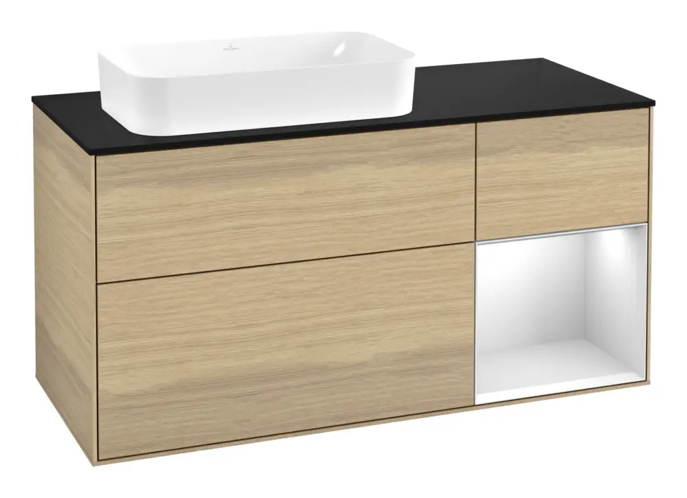 Letzte Chance Villeroy & Boch Finion Waschbeckenunterschrank für Becken links Regal rechts für Finion 3 Auszüge mit Beleuchtung (1x LED) ohne Hahnloch 1200 x 603 x 501 mm - Oak Veneer / White Matt Lacquer / Glass Black Matt