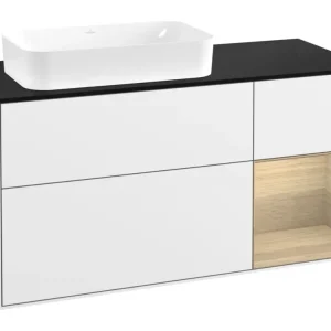 Markenprodukt Villeroy & Boch Finion Waschbeckenunterschrank für Becken links Regal rechts für Finion 3 Auszüge mit Beleuchtung (1x LED) ohne Hahnloch 1200 x 603 x 501 mm - Glossy White Lacquer / Oak Veneer / Glass Black Matt