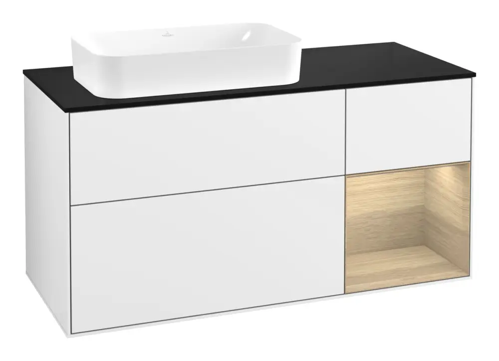 Markenprodukt Villeroy & Boch Finion Waschbeckenunterschrank für Becken links Regal rechts für Finion 3 Auszüge mit Beleuchtung (1x LED) ohne Hahnloch 1200 x 603 x 501 mm - Glossy White Lacquer / Oak Veneer / Glass Black Matt