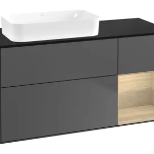 Neu Im Sortiment Villeroy & Boch Finion Waschbeckenunterschrank für Becken links Regal rechts für Finion 3 Auszüge mit Beleuchtung (1x LED) ohne Hahnloch 1200 x 603 x 501 mm - Anthracite Matt Lacquer / Oak Veneer / Glass Black Matt