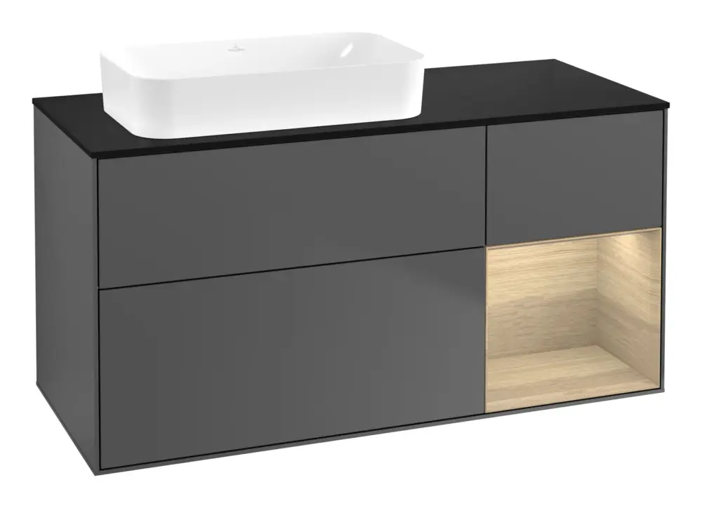 Neu Im Sortiment Villeroy & Boch Finion Waschbeckenunterschrank für Becken links Regal rechts für Finion 3 Auszüge mit Beleuchtung (1x LED) ohne Hahnloch 1200 x 603 x 501 mm - Anthracite Matt Lacquer / Oak Veneer / Glass Black Matt
