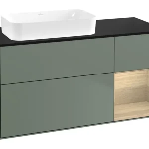 Villeroy & Boch Finion Waschbeckenunterschrank für Becken links Regal rechts für Finion 3 Auszüge mit Beleuchtung (1x LED) ohne Hahnloch 1200 x 603 x 501 mm - Olive Matt Lacquer / Oak Veneer / Glass Black Matt Letzte Chance