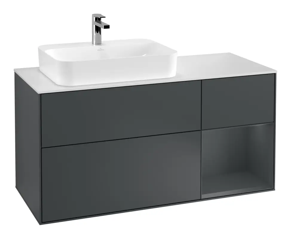 Villeroy & Boch Finion Waschbeckenunterschrank für Becken links Regal rechts für Finion / Memento 2.0 Aufsatzwaschbecken 3 Auszüge mit Beleuchtung (1x LED) 1200 x 603 x 501 mm - Midnight Blue Matt Lacquer / Glass White Matt Sonderaktion