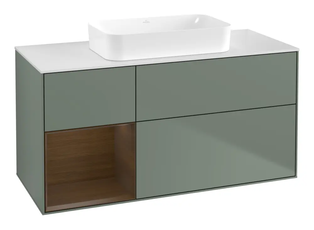 Saisonangebot Villeroy & Boch Finion Waschbeckenunterschrank für Becken mittig Regal links für Finion 3 Auszüge mit Beleuchtung (1x LED) ohne Hahnloch 1200 x 603 x 501 mm - Olive Matt Lacquer / Walnut Veneer / Glass White Matt