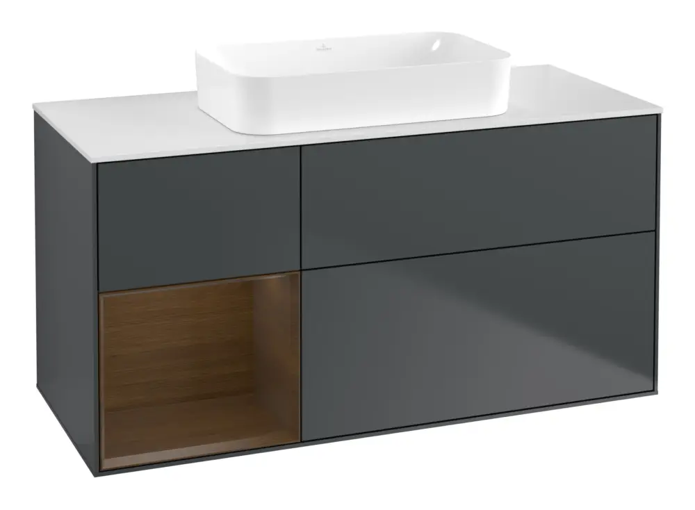 Nur Für Kurze Zeit Villeroy & Boch Finion Waschbeckenunterschrank für Becken mittig Regal links für Finion 3 Auszüge mit Beleuchtung (1x LED) ohne Hahnloch 1200 x 603 x 501 mm - Midnight Blue Matt Lacquer / Walnut Veneer / Glass White Matt