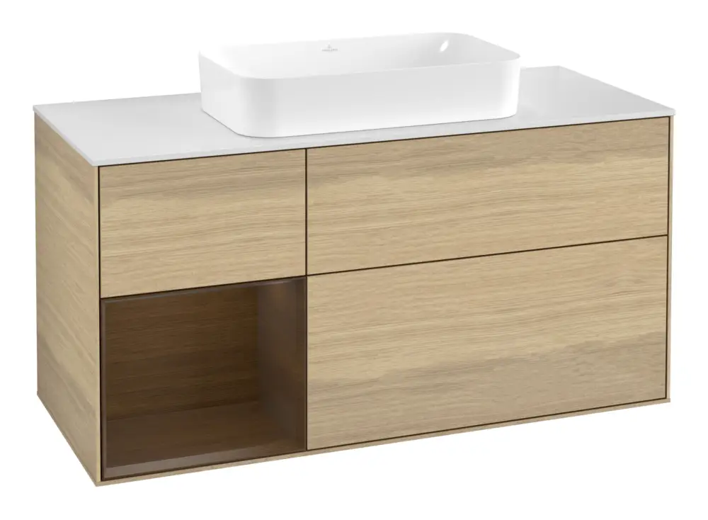 Villeroy & Boch Finion Waschbeckenunterschrank für Becken mittig Regal links für Finion 3 Auszüge mit Beleuchtung (1x LED) ohne Hahnloch 1200 x 603 x 501 mm - Oak Veneer / Walnut Veneer / Glass White Matt Must-Have