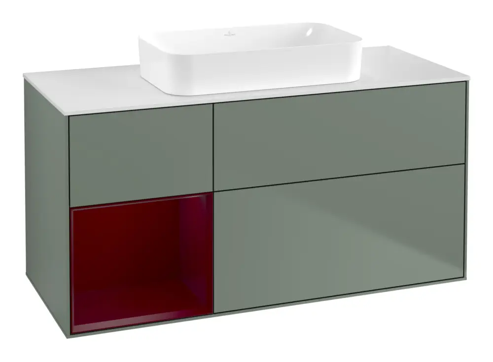 Sofort Bestellen Villeroy & Boch Finion Waschbeckenunterschrank für Becken mittig Regal links für Finion 3 Auszüge mit Beleuchtung (1x LED) ohne Hahnloch 1200 x 603 x 501 mm - Olive Matt Lacquer / Peony Matt Lacquer / Glass White Matt