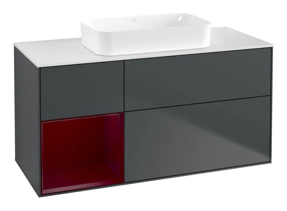 Villeroy & Boch Finion Waschbeckenunterschrank für Becken mittig Regal links für Finion 3 Auszüge mit Beleuchtung (1x LED) ohne Hahnloch 1200 x 603 x 501 mm - Midnight Blue Matt Lacquer / Peony Matt Lacquer / Glass White Matt Preisreduziert