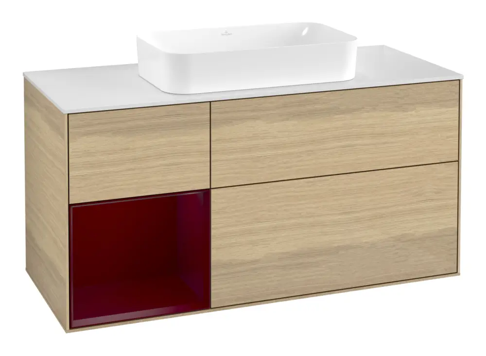 Villeroy & Boch Finion Waschbeckenunterschrank für Becken mittig Regal links für Finion 3 Auszüge mit Beleuchtung (1x LED) ohne Hahnloch 1200 x 603 x 501 mm - Oak Veneer / Peony Matt Lacquer / Glass White Matt Online Kaufen