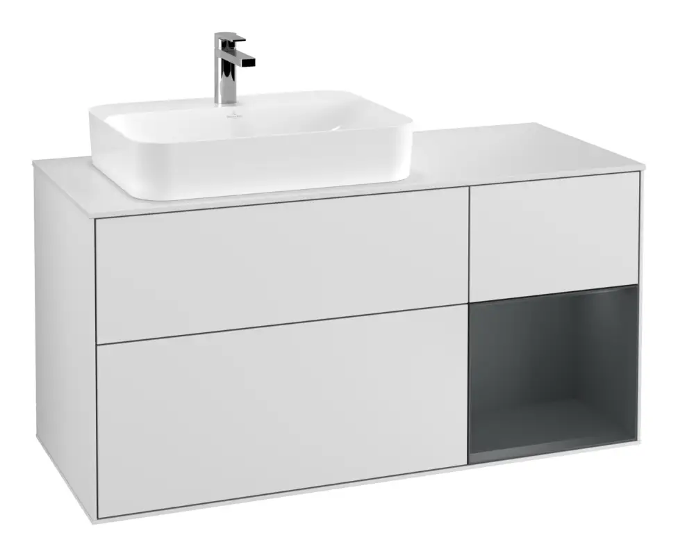 Rabatt Villeroy & Boch Finion Waschbeckenunterschrank für Becken links Regal rechts für Finion / Memento 2.0 Aufsatzwaschbecken 3 Auszüge mit Beleuchtung (1x LED) 1200 x 603 x 501 mm - White Matt Lacquer / Midnight Blue Matt Lacquer / Glass White Matt
