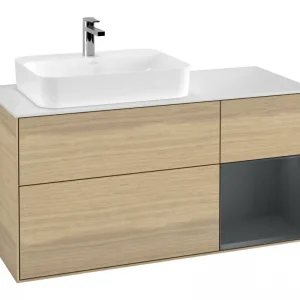 Aktuell Villeroy & Boch Finion Waschbeckenunterschrank für Becken links Regal rechts für Finion / Memento 2.0 Aufsatzwaschbecken 3 Auszüge mit Beleuchtung (1x LED) 1200 x 603 x 501 mm - Oak Veneer / Midnight Blue Matt Lacquer / Glass White Matt