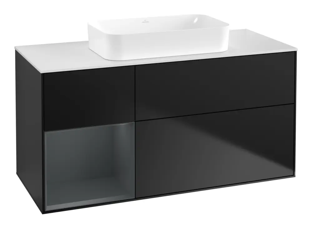 Villeroy & Boch Finion Waschbeckenunterschrank für Becken mittig Regal links für Finion 3 Auszüge mit Beleuchtung (1x LED) ohne Hahnloch 1200 x 603 x 501 mm - Black Matt Lacquer / Midnight Blue Matt Lacquer / Glass White Matt Highlight