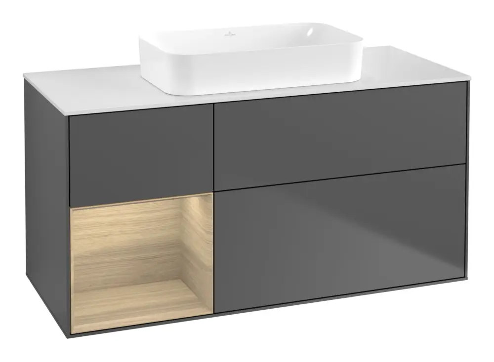 Villeroy & Boch Finion Waschbeckenunterschrank für Becken mittig Regal links für Finion 3 Auszüge mit Beleuchtung (1x LED) ohne Hahnloch 1200 x 603 x 501 mm - Anthracite Matt Lacquer / Oak Veneer / Glass White Matt Preiswert