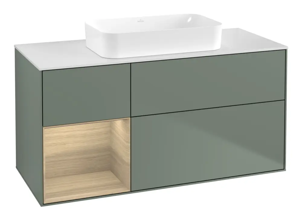 Villeroy & Boch Finion Waschbeckenunterschrank für Becken mittig Regal links für Finion 3 Auszüge mit Beleuchtung (1x LED) ohne Hahnloch 1200 x 603 x 501 mm - Olive Matt Lacquer / Oak Veneer / Glass White Matt Garantierte Lieferung