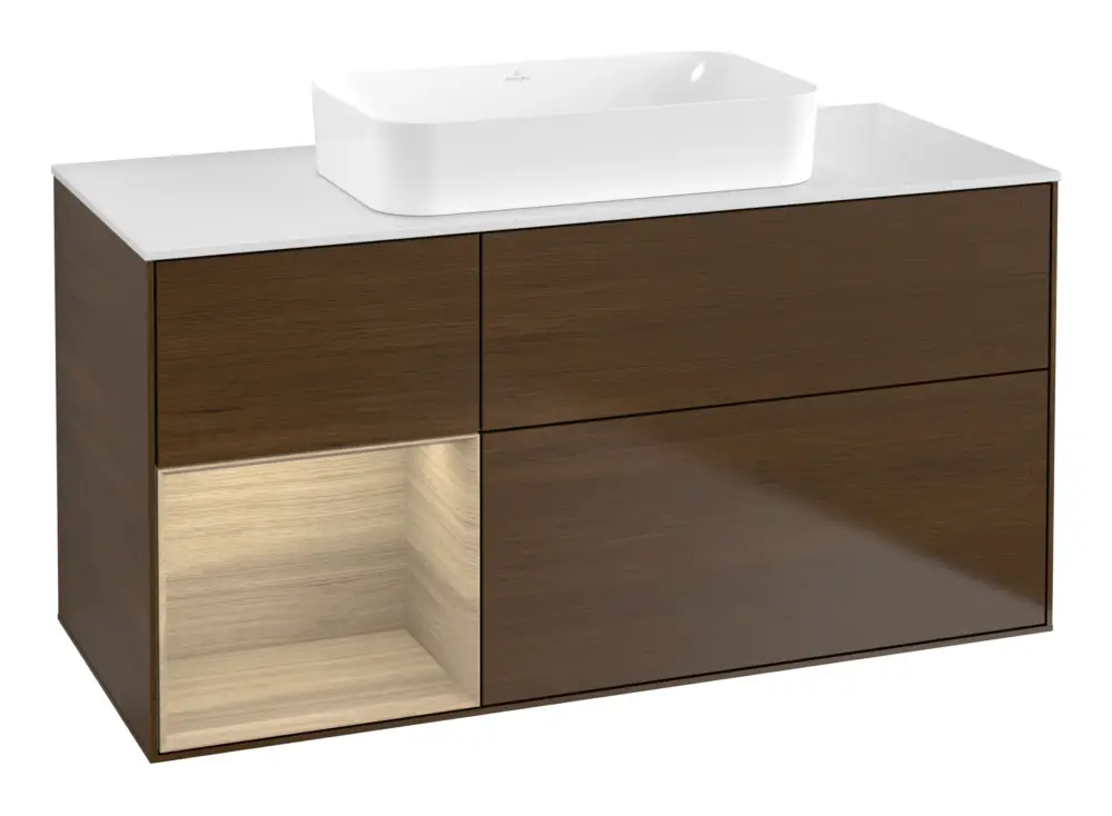 Zertifiziert Villeroy & Boch Finion Waschbeckenunterschrank für Becken mittig Regal links für Finion 3 Auszüge mit Beleuchtung (1x LED) ohne Hahnloch 1200 x 603 x 501 mm - Walnut Veneer / Oak Veneer / Glass White Matt