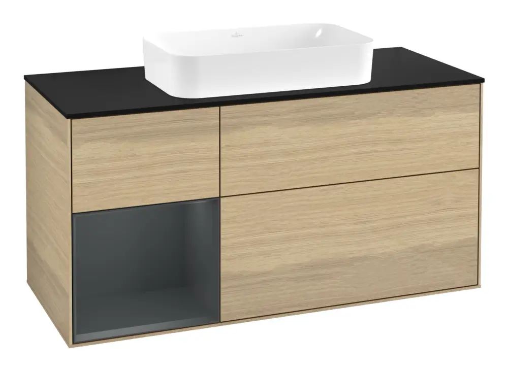 Villeroy & Boch Finion Waschbeckenunterschrank für Becken mittig Regal links für Finion 3 Auszüge mit Beleuchtung (1x LED) ohne Hahnloch 1200 x 603 x 501 mm - Oak Veneer / Midnight Blue Matt Lacquer / Glass Black Matt Sale