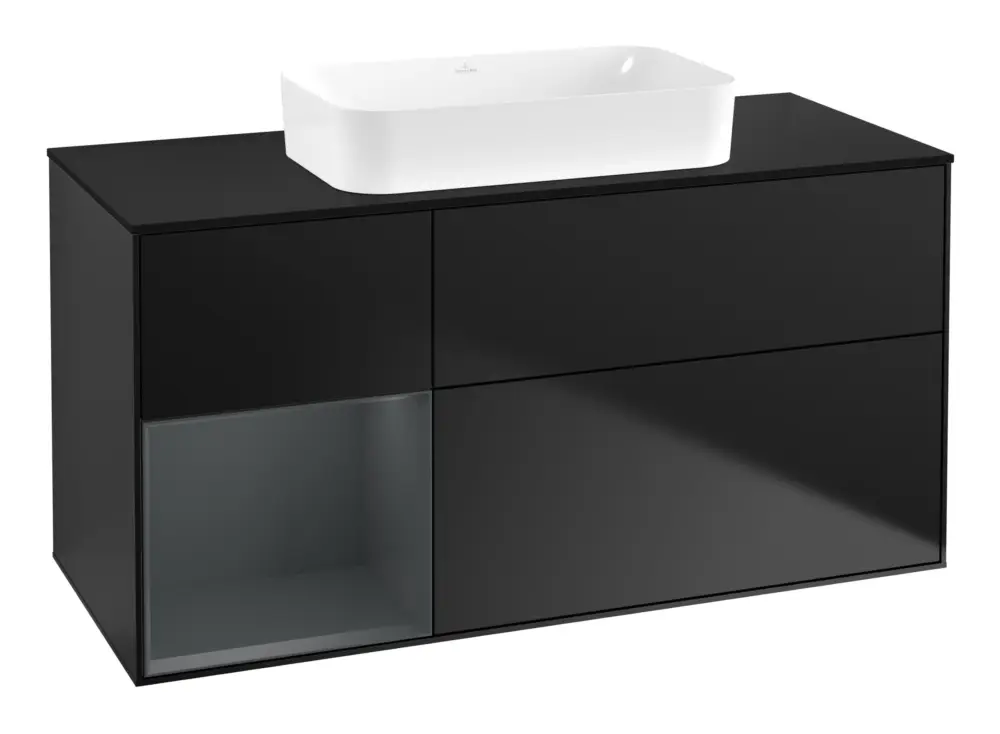 Villeroy & Boch Finion Waschbeckenunterschrank für Becken mittig Regal links für Finion 3 Auszüge mit Beleuchtung (1x LED) ohne Hahnloch 1200 x 603 x 501 mm - Black Matt Lacquer / Midnight Blue Matt Lacquer / Glass Black Matt Mega-Angebot