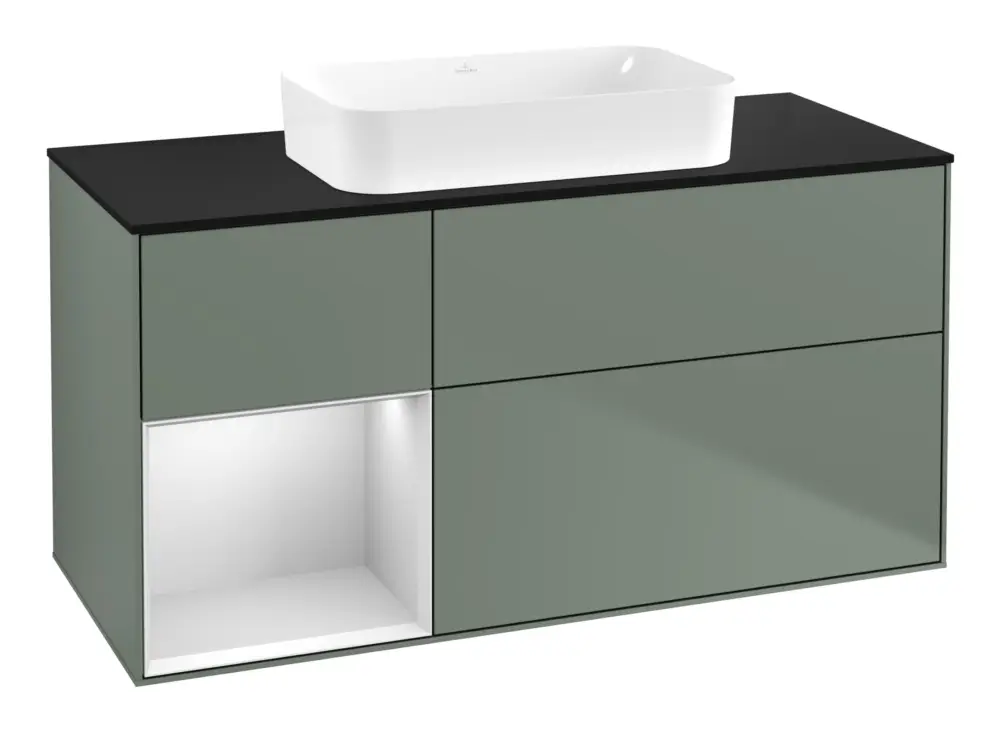 Jetzt Kaufen Villeroy & Boch Finion Waschbeckenunterschrank für Becken mittig Regal links für Finion 3 Auszüge mit Beleuchtung (1x LED) ohne Hahnloch 1200 x 603 x 501 mm - Olive Matt Lacquer / White Matt Lacquer / Glass Black Matt