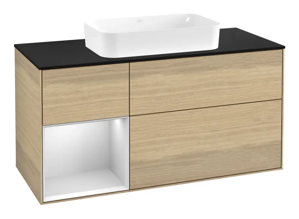 Nur Für Kurze Zeit Villeroy & Boch Finion Waschbeckenunterschrank für Becken mittig Regal links für Finion 3 Auszüge mit Beleuchtung (1x LED) ohne Hahnloch 1200 x 603 x 501 mm - Oak Veneer / White Matt Lacquer / Glass Black Matt