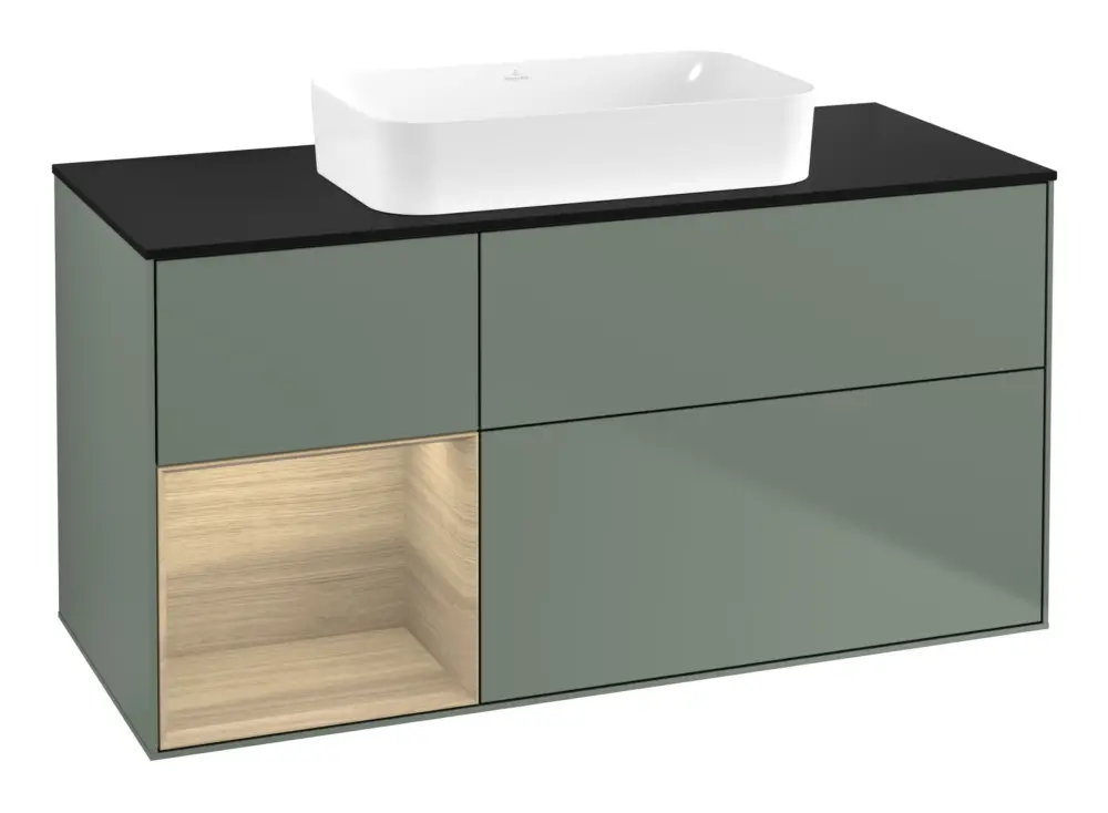 Echt Villeroy & Boch Finion Waschbeckenunterschrank für Becken mittig Regal links für Finion 3 Auszüge mit Beleuchtung (1x LED) ohne Hahnloch 1200 x 603 x 501 mm - Olive Matt Lacquer / Oak Veneer / Glass Black Matt