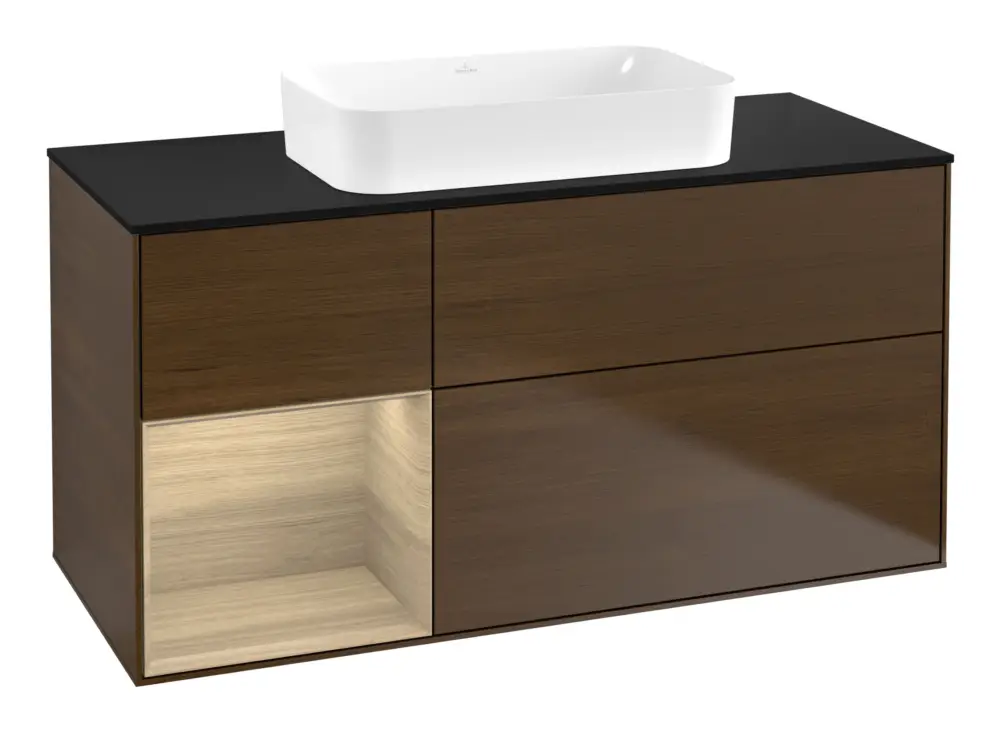 Villeroy & Boch Finion Waschbeckenunterschrank für Becken mittig Regal links für Finion 3 Auszüge mit Beleuchtung (1x LED) ohne Hahnloch 1200 x 603 x 501 mm - Walnut Veneer / Oak Veneer / Glass Black Matt Super-Preis