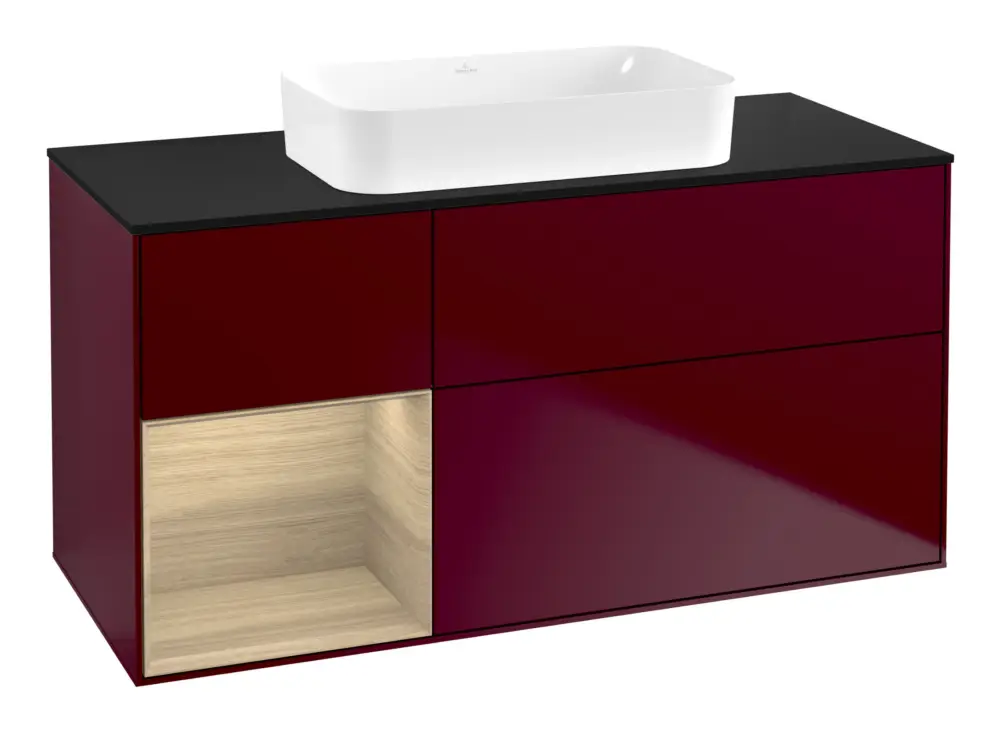 Villeroy & Boch Finion Waschbeckenunterschrank für Becken mittig Regal links für Finion 3 Auszüge mit Beleuchtung (1x LED) ohne Hahnloch 1200 x 603 x 501 mm - Peony Matt Lacquer / Oak Veneer / Glass Black Matt Wochenendangebot