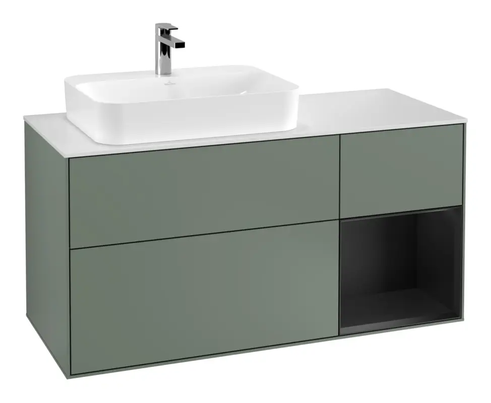 Villeroy & Boch Finion Waschbeckenunterschrank für Aufsatzwaschbecken links Regal rechts für Finion / Memento 2.0 3 Auszüge mit Beleuchtung (1x LED) 1200 x 603 x 501 mm - Olive Matt Lacquer / Black Matt Lacquer / Glass White Matt Geprüft