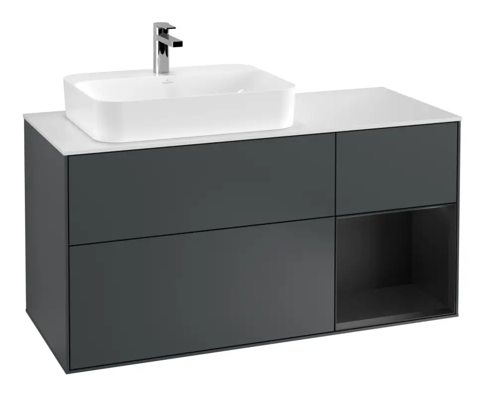 Villeroy & Boch Finion Waschbeckenunterschrank für Aufsatzwaschbecken links Regal rechts für Finion / Memento 2.0 3 Auszüge mit Beleuchtung (1x LED) 1200 x 603 x 501 mm - Midnight Blue Matt Lacquer / Black Matt Lacquer / Glass White Matt Neu