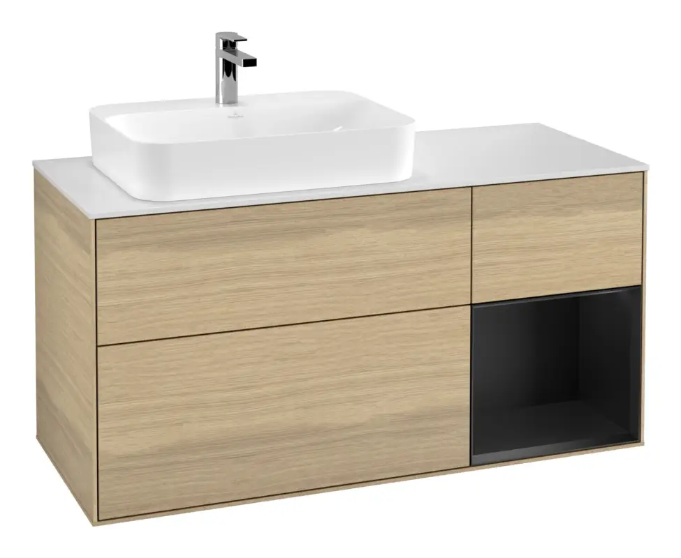 Villeroy & Boch Finion Waschbeckenunterschrank für Aufsatzwaschbecken links Regal rechts für Finion / Memento 2.0 3 Auszüge mit Beleuchtung (1x LED) 1200 x 603 x 501 mm - Oak Veneer / Black Matt Lacquer / Glass White Matt Direktkauf
