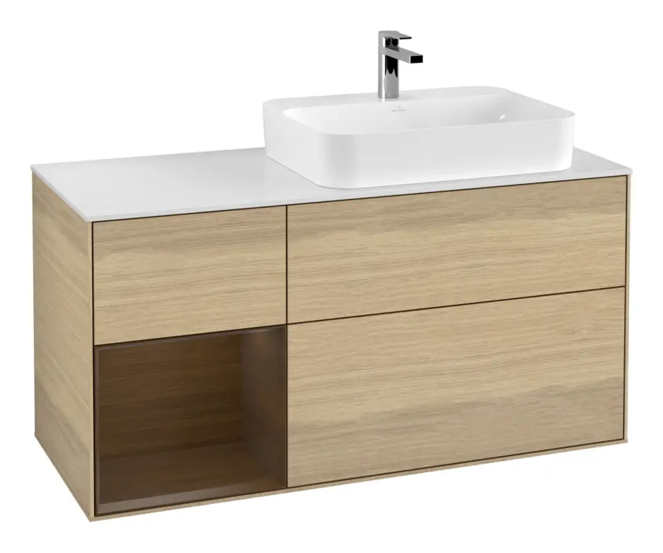 Villeroy & Boch Finion Waschbeckenunterschrank für Aufsatzwaschbecken rechts Regal links für Finion / Memento 2.0 3 Auszüge mit Beleuchtung (1x LED) 1200 x 603 x 501 mm - Oak Veneer / Walnut Veneer / Glass White Matt Bestseller