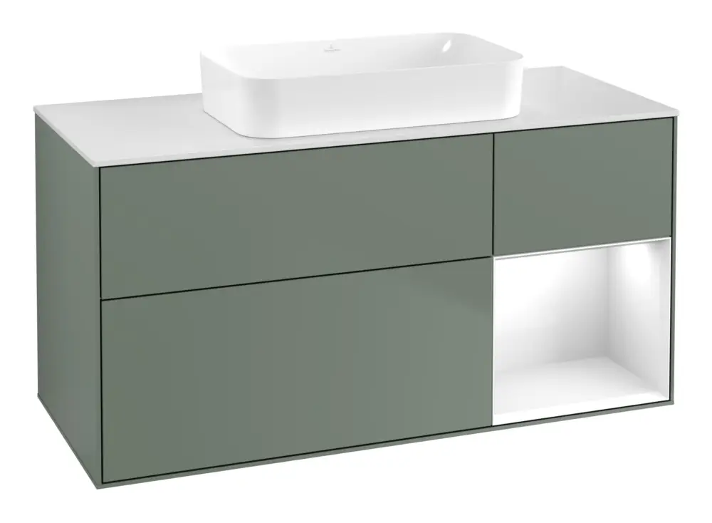 Villeroy & Boch Finion Waschbeckenunterschrank für Becken mittig Regal rechts für Finion 3 Auszüge mit Beleuchtung (1x LED) ohne Hahnloch 1200 x 603 x 501 mm - Olive Matt Lacquer / Glossy White Lacquer / Glass White Matt Wochenendangebot