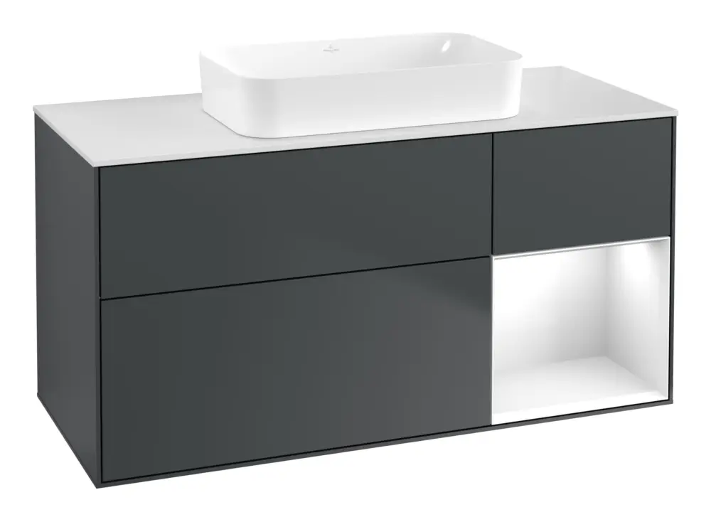Letzte Chance Villeroy & Boch Finion Waschbeckenunterschrank für Becken mittig Regal rechts für Finion 3 Auszüge mit Beleuchtung (1x LED) ohne Hahnloch 1200 x 603 x 501 mm - Midnight Blue Matt Lacquer / Glossy White Lacquer / Glass White Matt