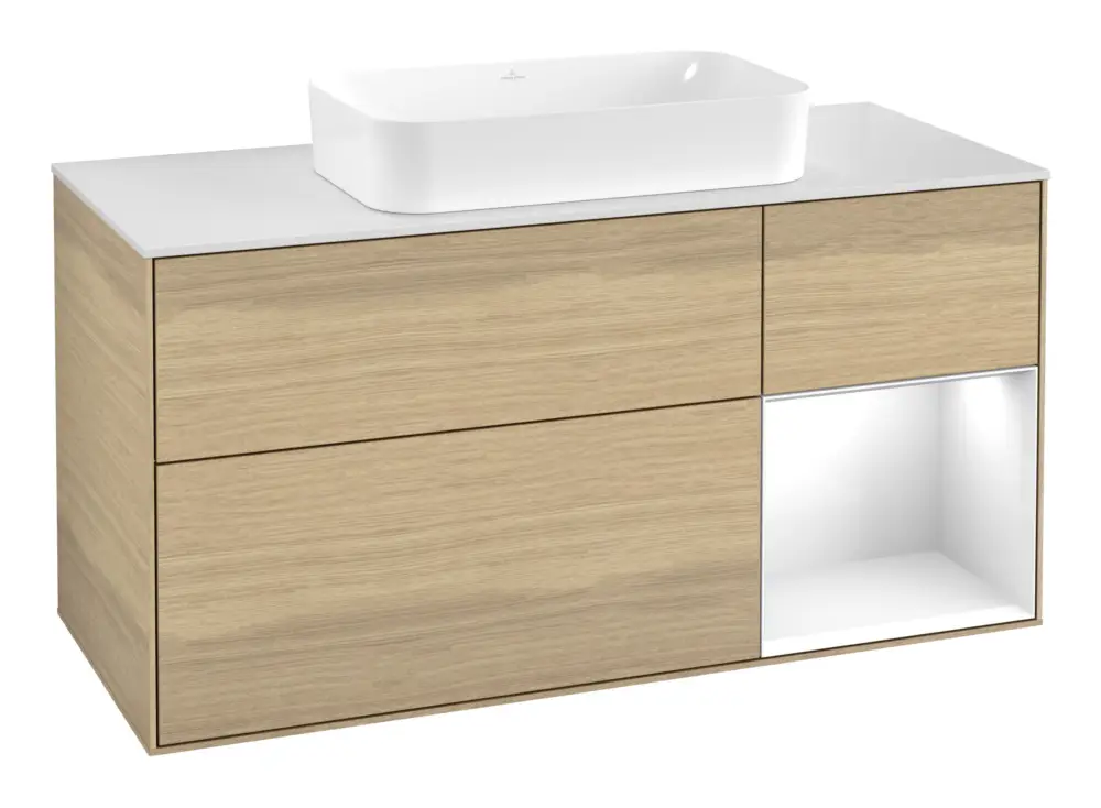 Villeroy & Boch Finion Waschbeckenunterschrank für Becken mittig Regal rechts für Finion 3 Auszüge mit Beleuchtung (1x LED) ohne Hahnloch 1200 x 603 x 501 mm - Oak Veneer / Glossy White Lacquer / Glass White Matt Aktuell