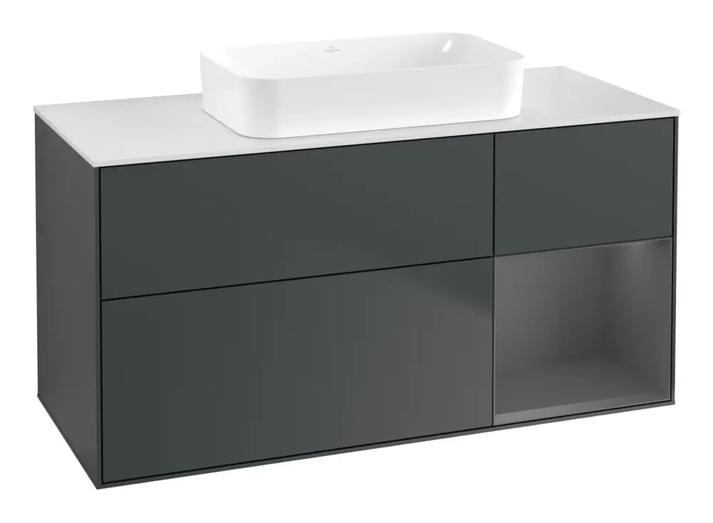Begrenztes Angebot Villeroy & Boch Finion Waschbeckenunterschrank für Becken mittig Regal rechts für Finion 3 Auszüge mit Beleuchtung (1x LED) ohne Hahnloch 1200 x 603 x 501 mm - Midnight Blue Matt Lacquer / Anthracite Matt Lacquer / Glass White Matt