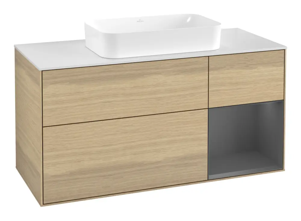 Villeroy & Boch Finion Waschbeckenunterschrank für Becken mittig Regal rechts für Finion 3 Auszüge mit Beleuchtung (1x LED) ohne Hahnloch 1200 x 603 x 501 mm - Oak Veneer / Anthracite Matt Lacquer / Glass White Matt Aktuell