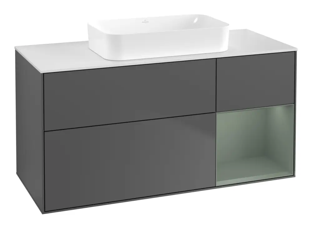 Beliebt Villeroy & Boch Finion Waschbeckenunterschrank für Becken mittig Regal rechts für Finion 3 Auszüge mit Beleuchtung (1x LED) ohne Hahnloch 1200 x 603 x 501 mm - Anthracite Matt Lacquer / Olive Matt Lacquer / Glass White Matt