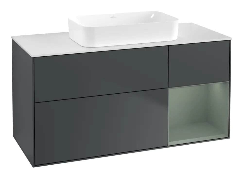 Rabatt Villeroy & Boch Finion Waschbeckenunterschrank für Becken mittig Regal rechts für Finion 3 Auszüge mit Beleuchtung (1x LED) ohne Hahnloch 1200 x 603 x 501 mm - Midnight Blue Matt Lacquer / Olive Matt Lacquer / Glass White Matt
