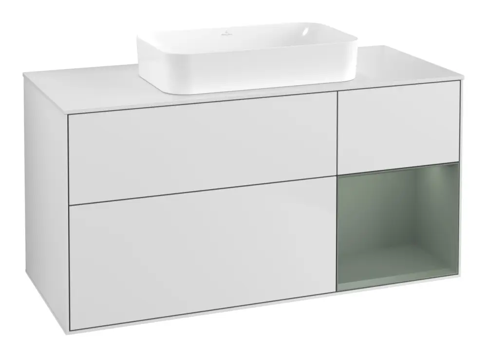 Villeroy & Boch Finion Waschbeckenunterschrank für Becken mittig Regal rechts für Finion 3 Auszüge mit Beleuchtung (1x LED) ohne Hahnloch 1200 x 603 x 501 mm - White Matt Lacquer / Olive Matt Lacquer / Glass White Matt Sonderaktion