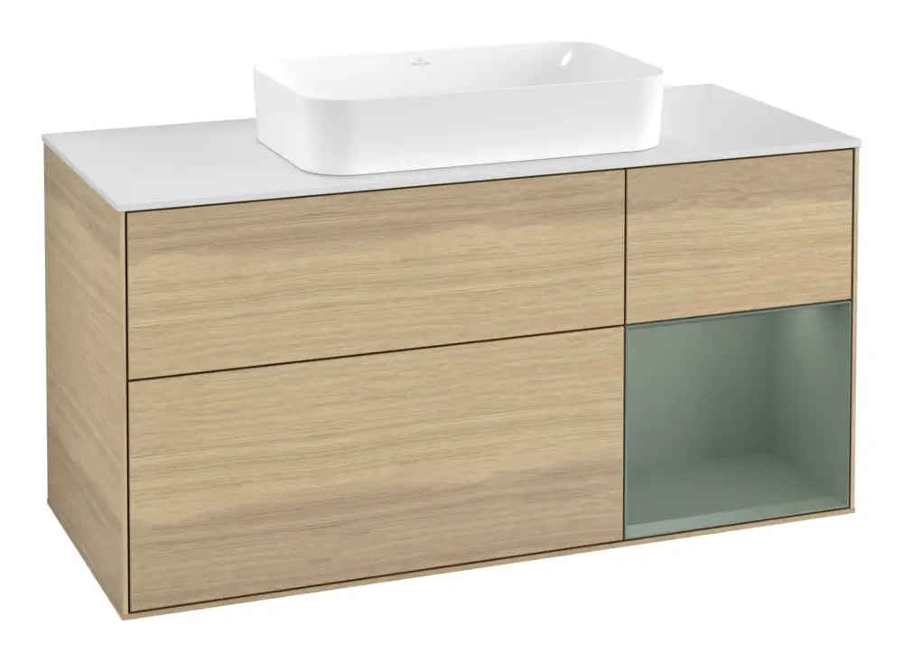Rabatt Villeroy & Boch Finion Waschbeckenunterschrank für Becken mittig Regal rechts für Finion 3 Auszüge mit Beleuchtung (1x LED) ohne Hahnloch 1200 x 603 x 501 mm - Oak Veneer / Olive Matt Lacquer / Glass White Matt