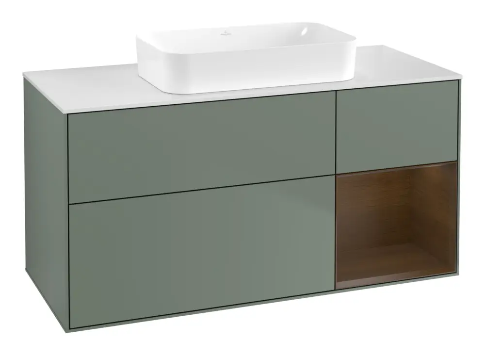 Beliebt Villeroy & Boch Finion Waschbeckenunterschrank für Becken mittig Regal rechts für Finion 3 Auszüge mit Beleuchtung (1x LED) ohne Hahnloch 1200 x 603 x 501 mm - Olive Matt Lacquer / Walnut Veneer / Glass White Matt