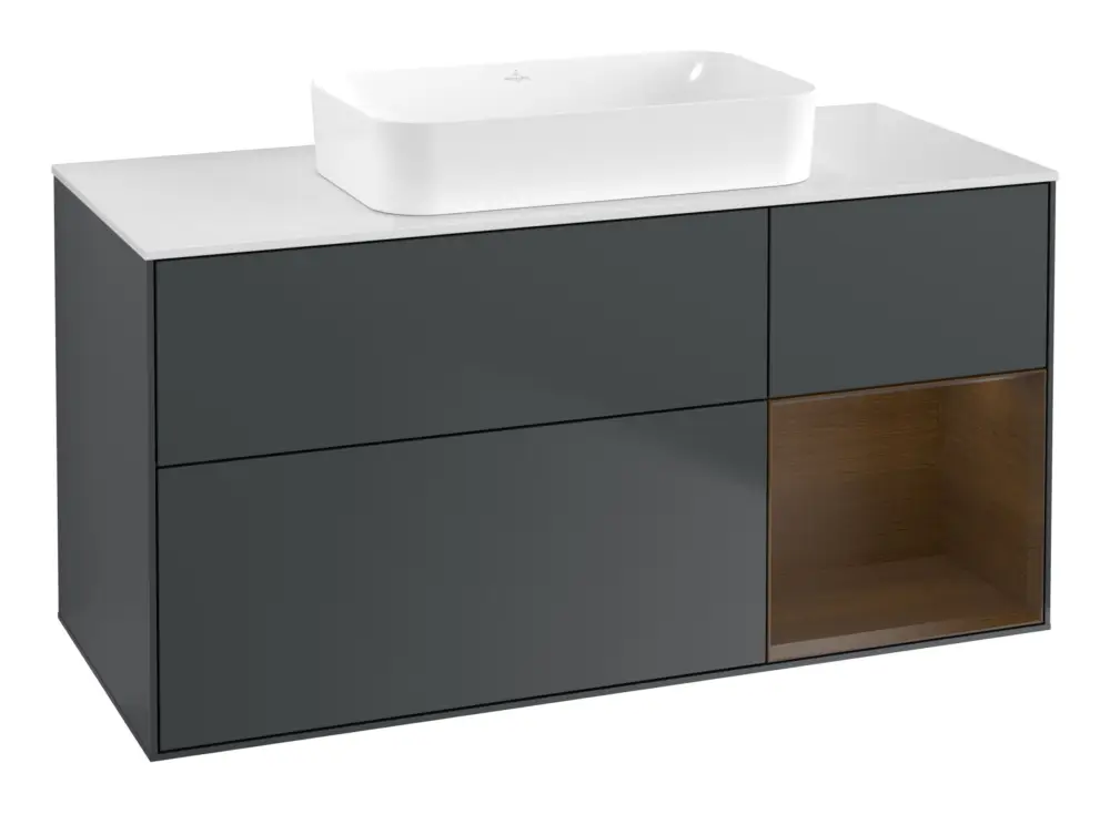 Schneller Versand Villeroy & Boch Finion Waschbeckenunterschrank für Becken mittig Regal rechts für Finion 3 Auszüge mit Beleuchtung (1x LED) ohne Hahnloch 1200 x 603 x 501 mm - Midnight Blue Matt Lacquer / Walnut Veneer / Glass White Matt