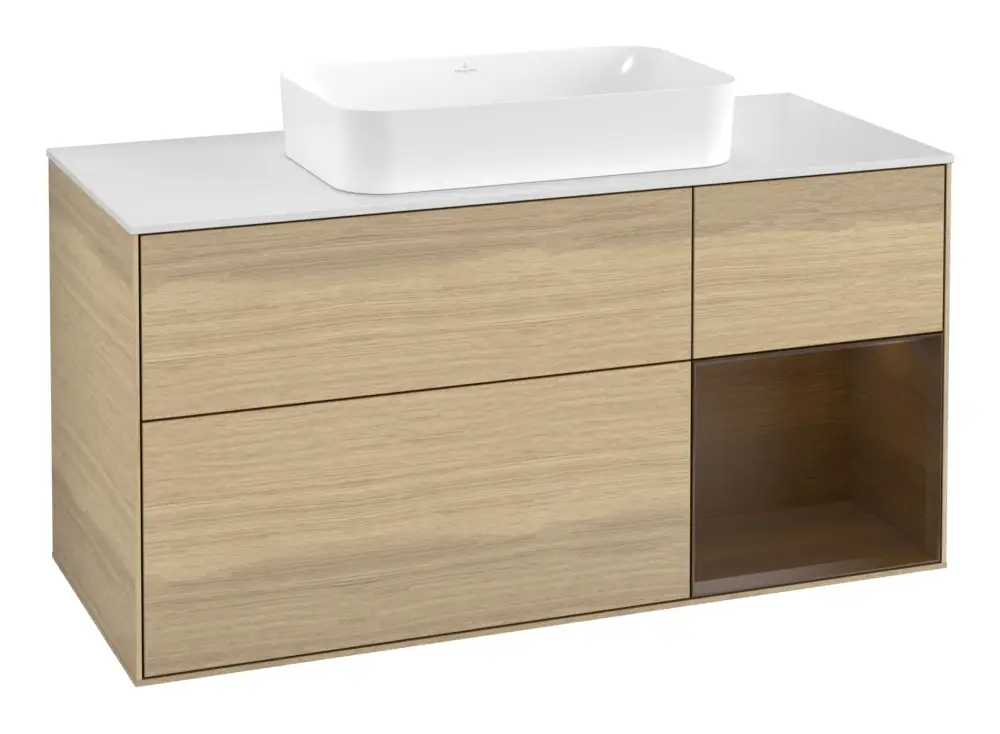 Letzte Chance Villeroy & Boch Finion Waschbeckenunterschrank für Becken mittig Regal rechts für Finion 3 Auszüge mit Beleuchtung (1x LED) ohne Hahnloch 1200 x 603 x 501 mm - Oak Veneer / Walnut Veneer / Glass White Matt