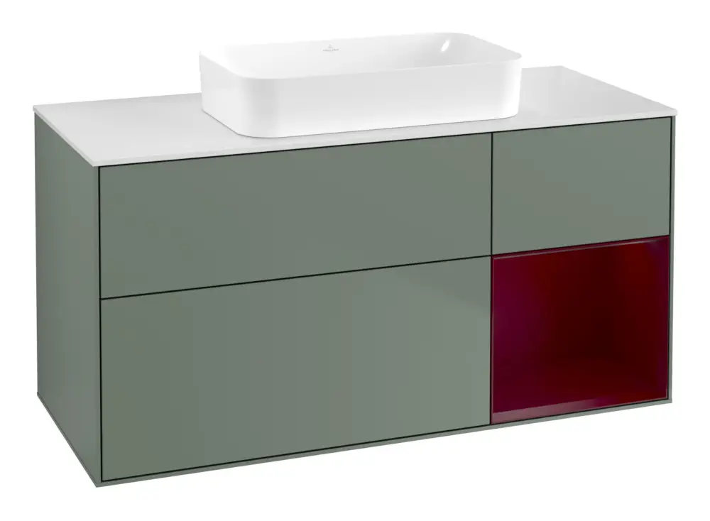Neu Villeroy & Boch Finion Waschbeckenunterschrank für Becken mittig Regal rechts für Finion 3 Auszüge mit Beleuchtung (1x LED) ohne Hahnloch 1200 x 603 x 501 mm - Olive Matt Lacquer / Peony Matt Lacquer / Glass White Matt
